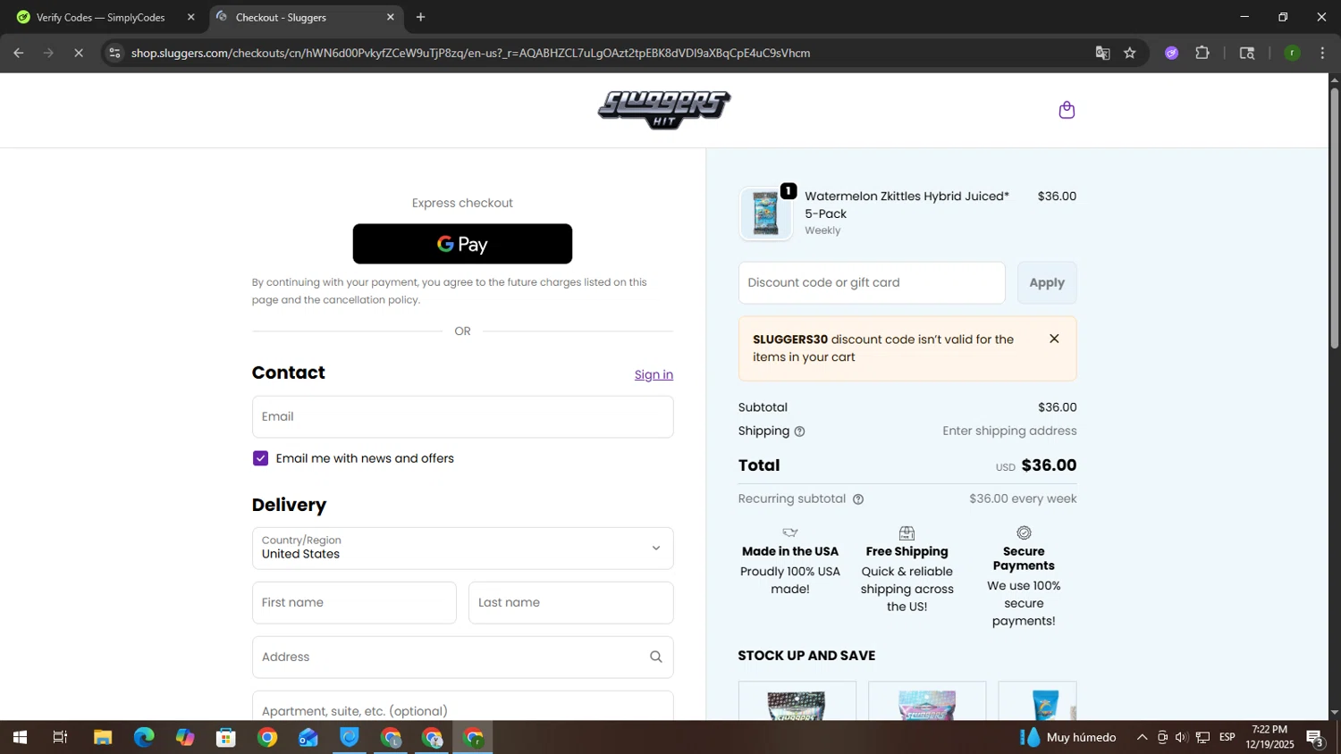 Sluggers promo code screenshot showing code SLUGGERS30 applied at Sluggers checkout page. Uploaded by SimplyCodes community member GoldScout9735 on Dec 19, 2025