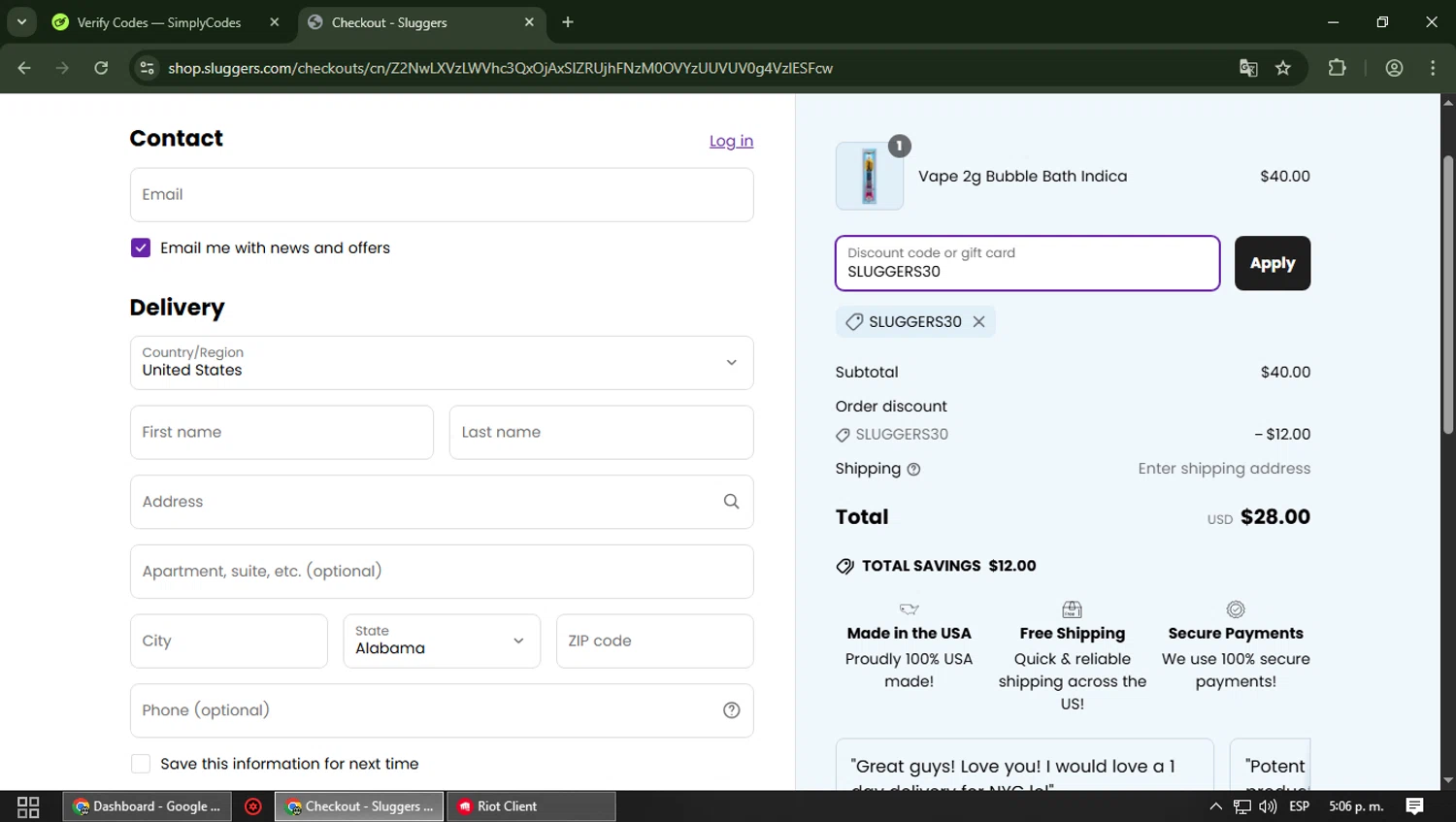 Sluggers promo code screenshot showing code SLUGGERS30 applied at Sluggers checkout page. Uploaded by SimplyCodes community member b3stia_1 on May 20, 2025