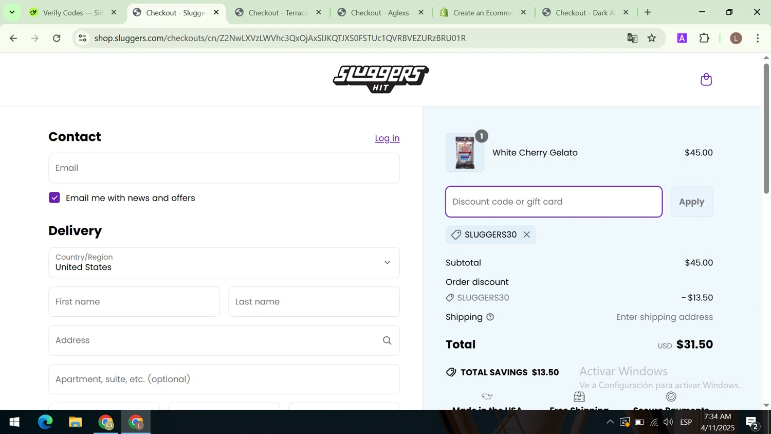 Sluggers promo code screenshot showing code SLUGGERS30 applied at Sluggers checkout page. Uploaded by SimplyCodes community member CodeCaptain8882 on Apr 11, 2025