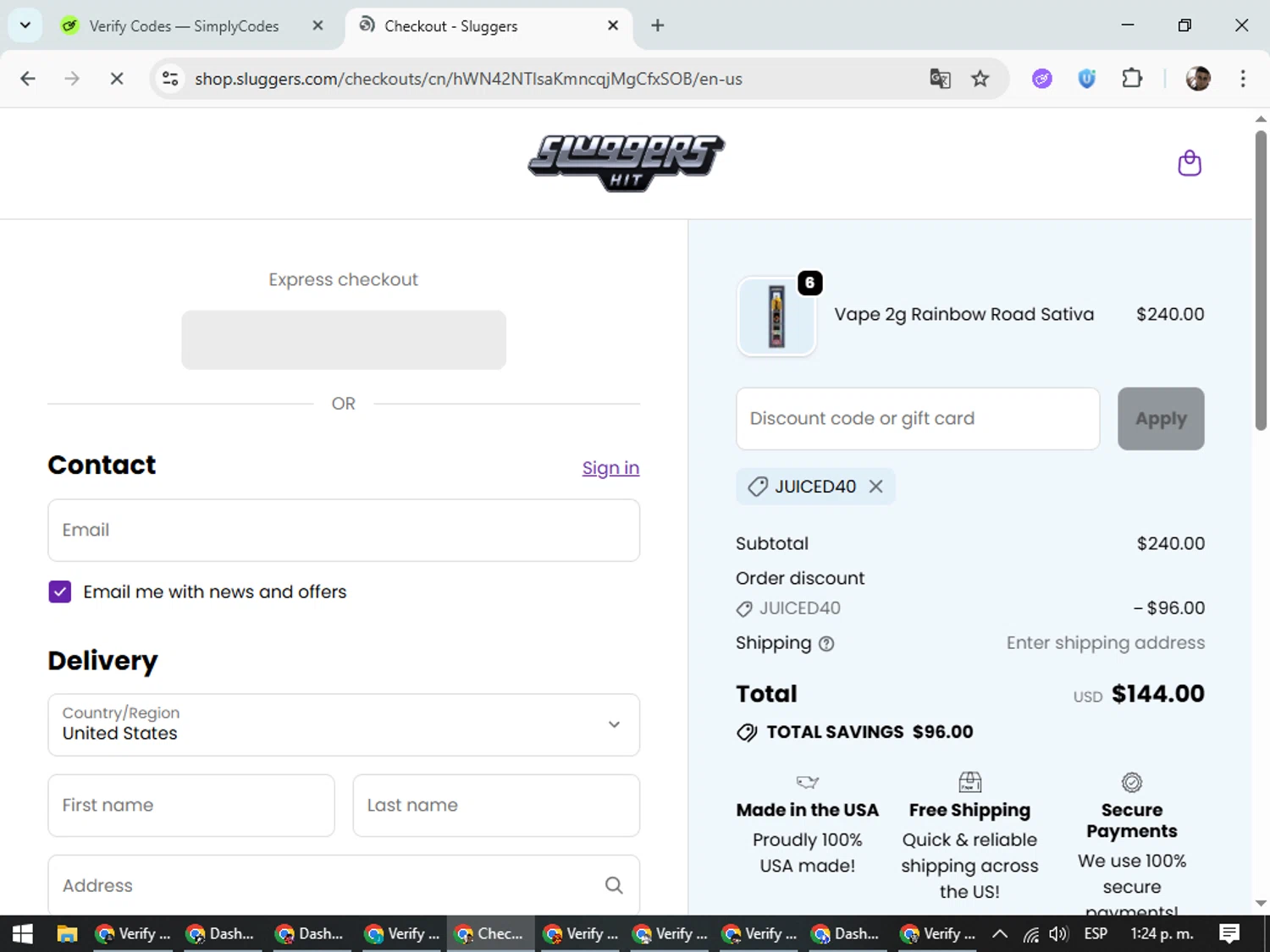 Sluggers promo code screenshot showing code JUICED40 applied at Sluggers checkout page. Uploaded by SimplyCodes community member DiscountSeeker682 on Oct 12, 2025