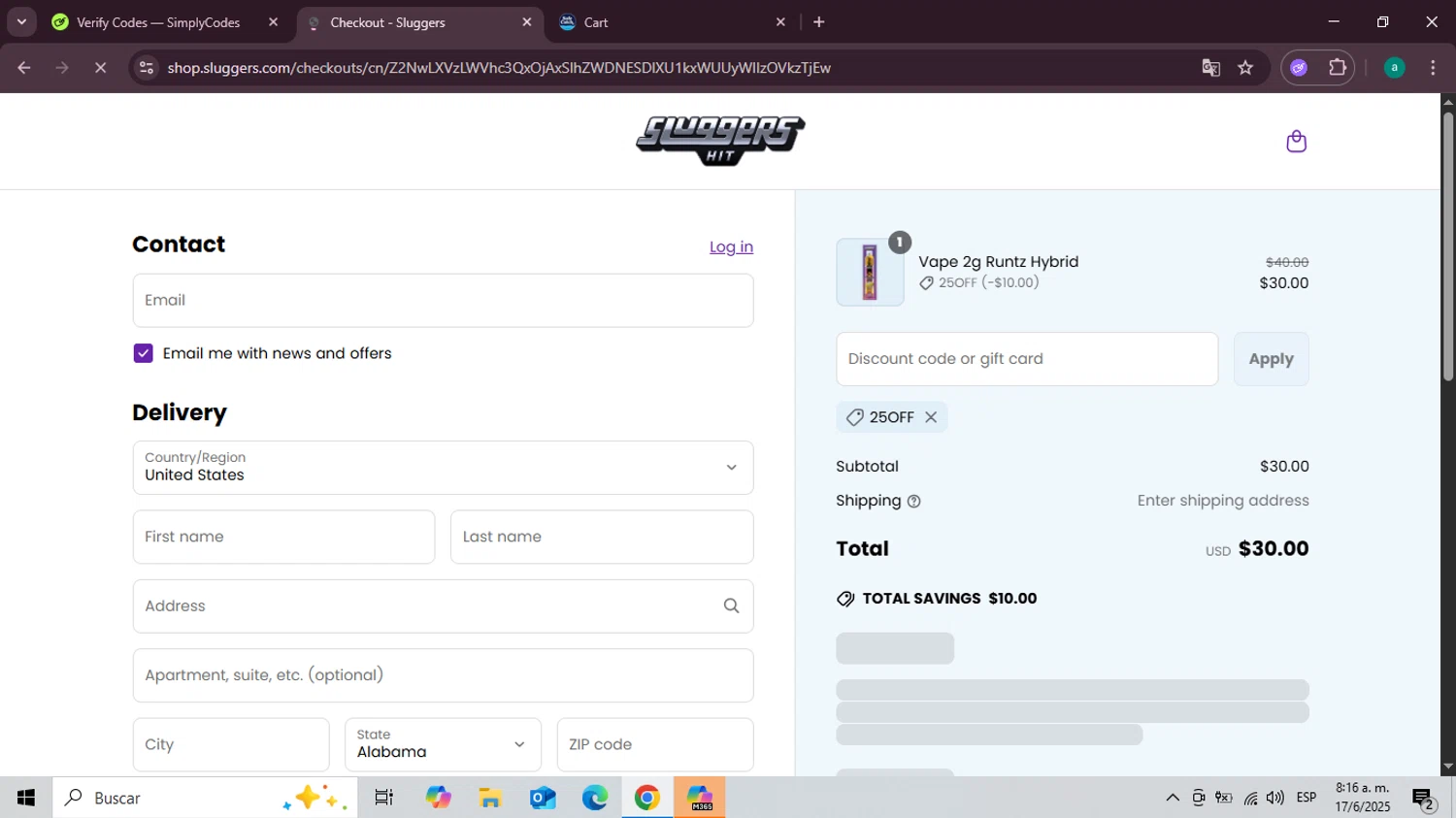 Sluggers promo code screenshot showing code 25OFF applied at Sluggers checkout page. Uploaded by SimplyCodes community member Santiagotremont on Jun 17, 2025