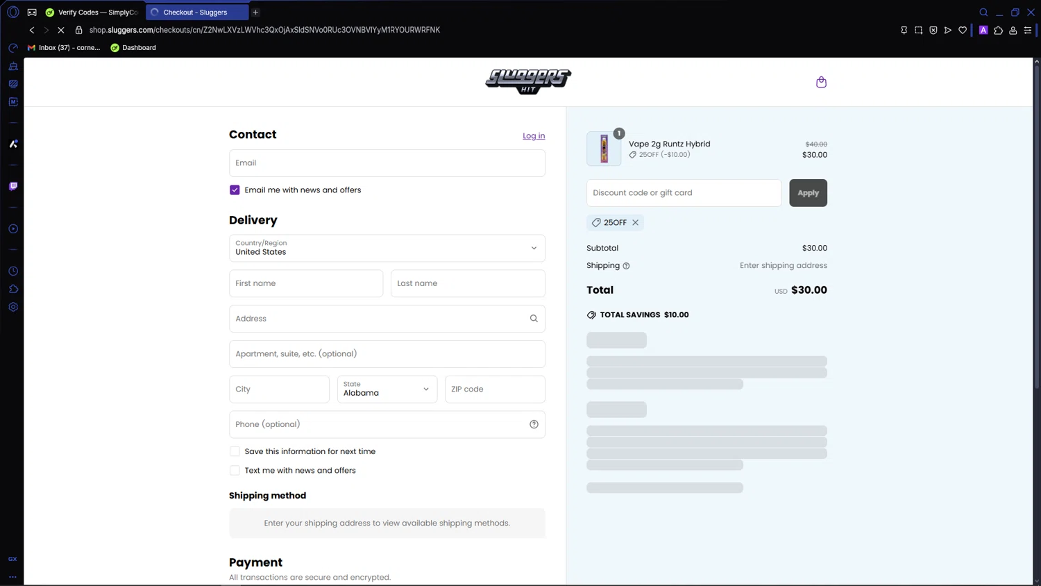 Sluggers promo code screenshot showing code 25OFF applied at Sluggers checkout page. Uploaded by SimplyCodes community member VictoriousCaptain3902 on Jun 2, 2025