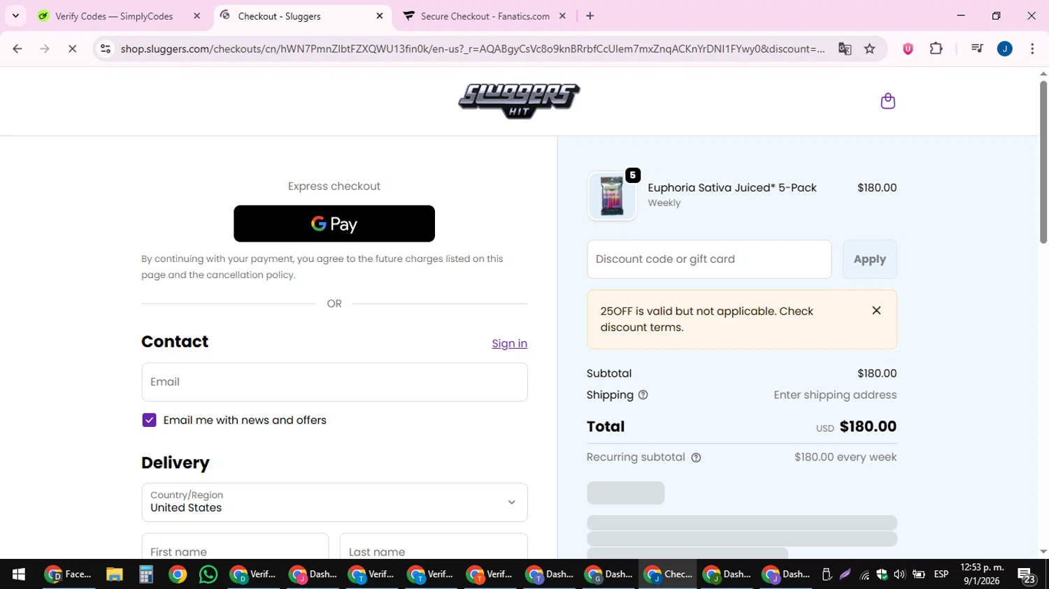 Sluggers promo code screenshot showing code 25OFF applied at Sluggers checkout page. Uploaded by SimplyCodes community member noesmith34ur on Jan 9, 2026