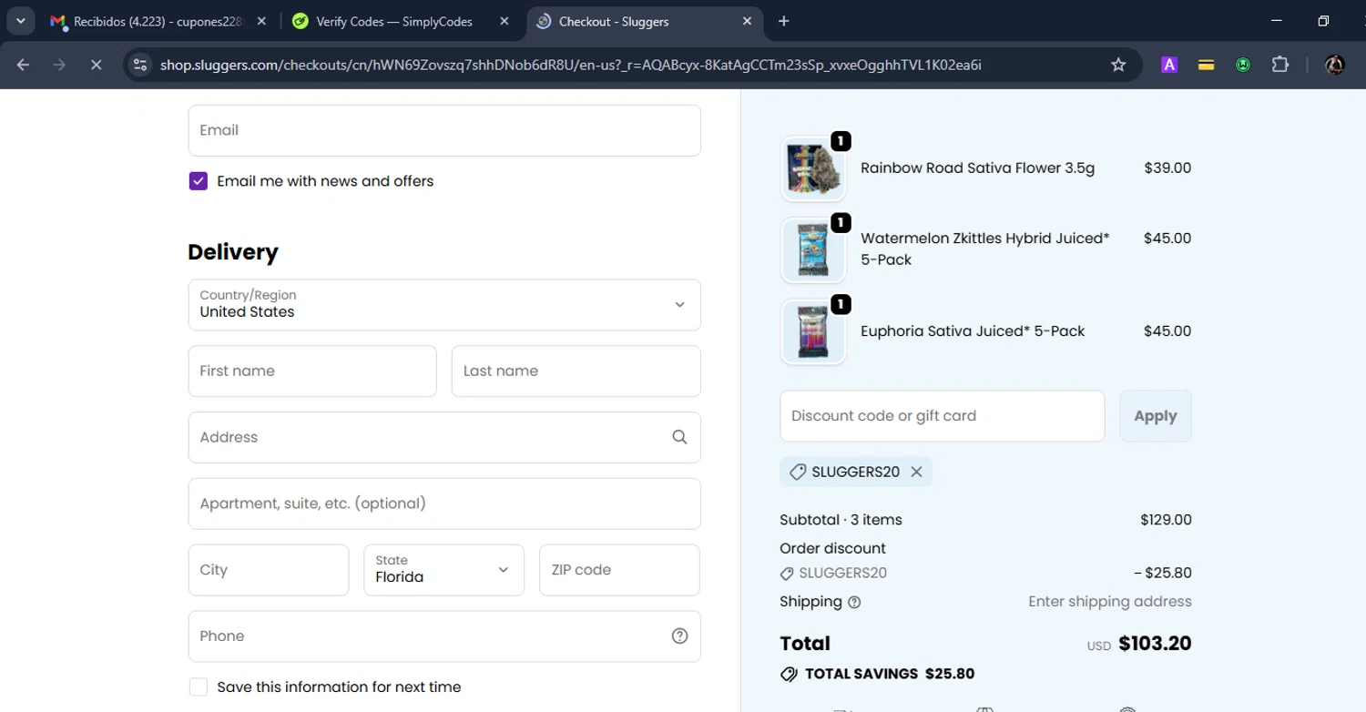 Sluggers promo code screenshot showing code SLUGGERS20 applied at Sluggers checkout page. Uploaded by SimplyCodes community member Eduard on Dec 7, 2025