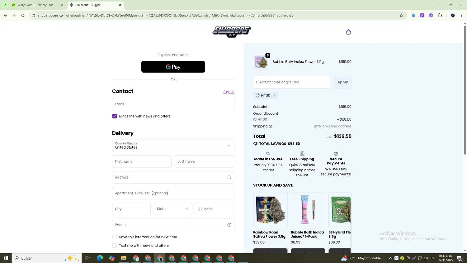 Sluggers promo code screenshot showing code HIT30 applied at Sluggers checkout page. Uploaded by SimplyCodes community member GoldRanger7074 on Nov 24, 2025
