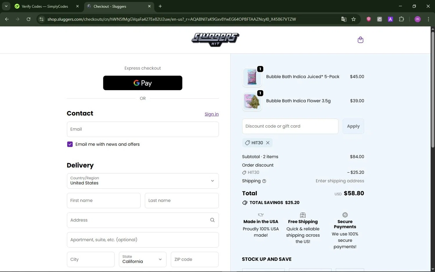Sluggers promo code screenshot showing code HIT30 applied at Sluggers checkout page. Uploaded by SimplyCodes community member TokenChaser4876 on Nov 24, 2025