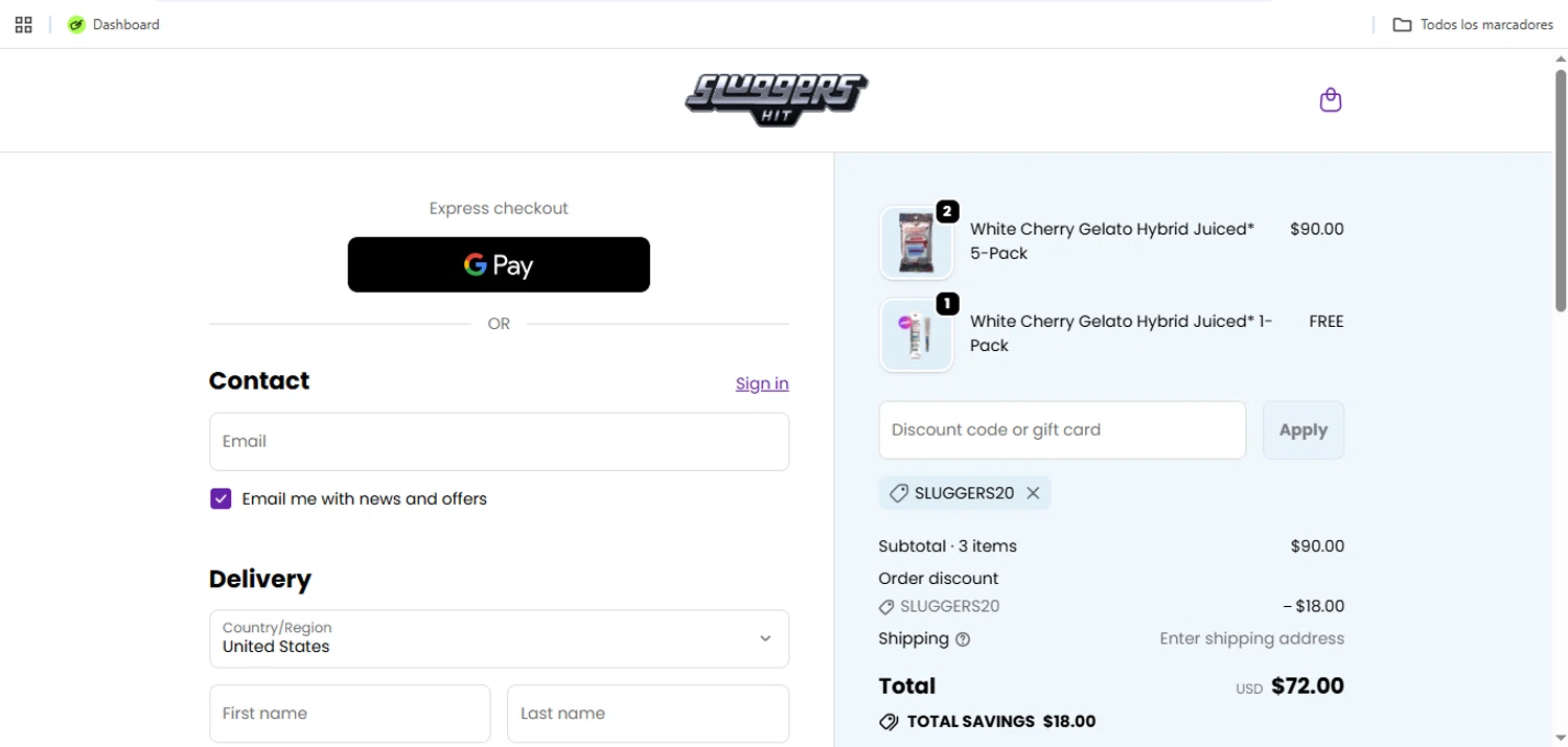 Sluggers promo code screenshot showing code SLUGGERS20 applied at Sluggers checkout page. Uploaded by SimplyCodes community member Speedy on Nov 18, 2025
