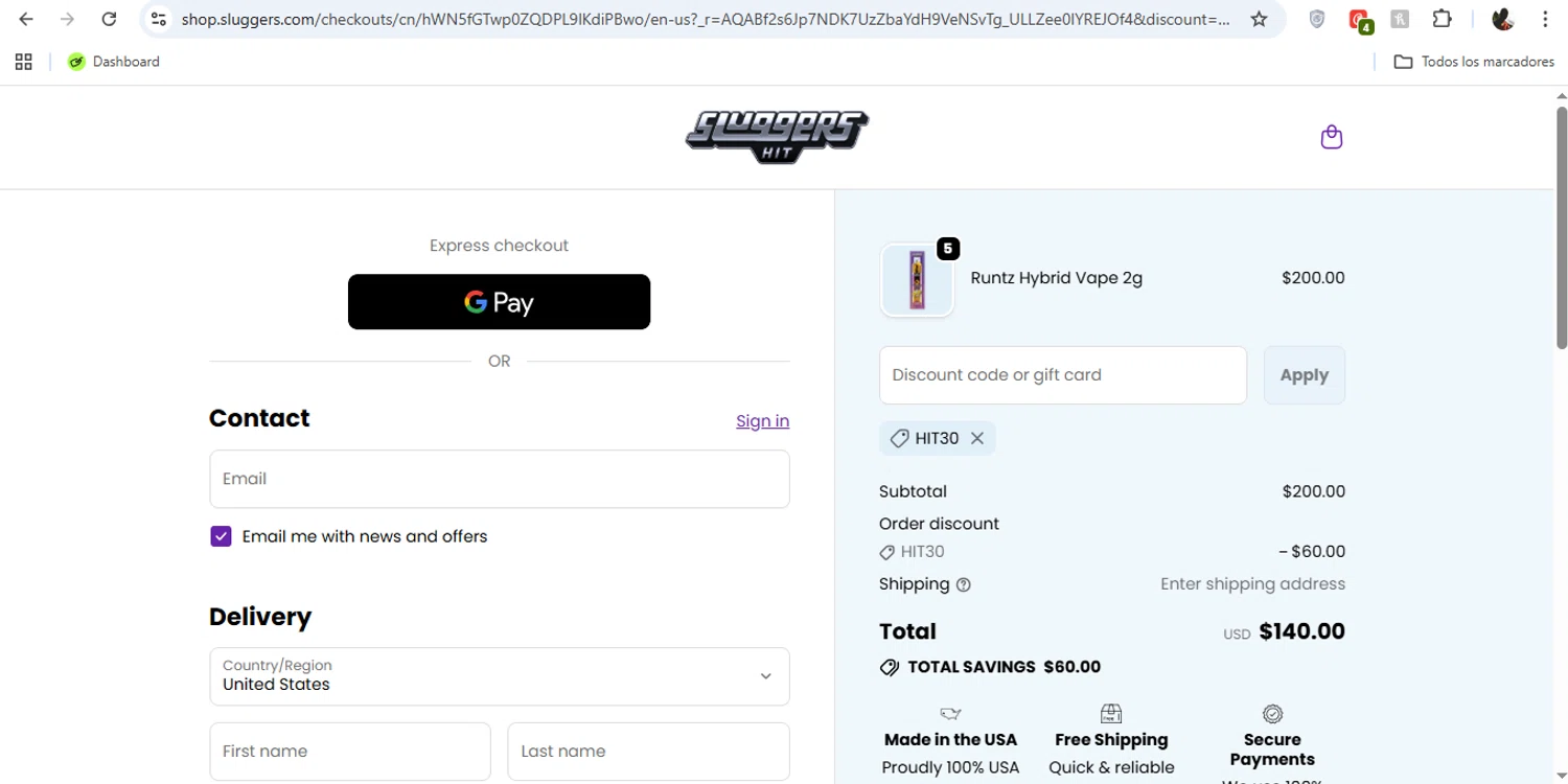 Sluggers promo code screenshot showing code HIT30 applied at Sluggers checkout page. Uploaded by SimplyCodes community member Speedy on Nov 24, 2025