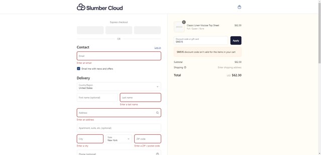 Slumber Cloud checkout page showing Slumber Cloud discount code box | Screenshot taken by SimplyCodes community member on Jul 28, 2025