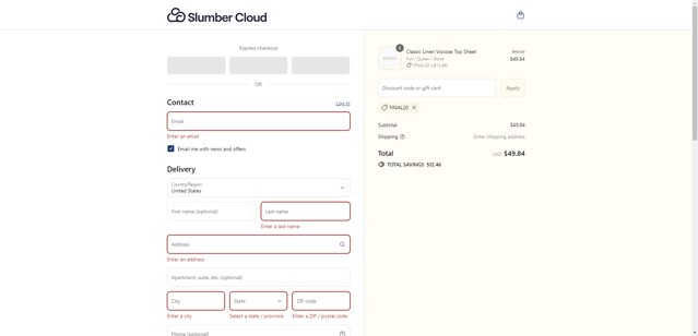 Slumber Cloud checkout page showing Slumber Cloud discount code box | Screenshot taken by SimplyCodes community member on Aug 4, 2025