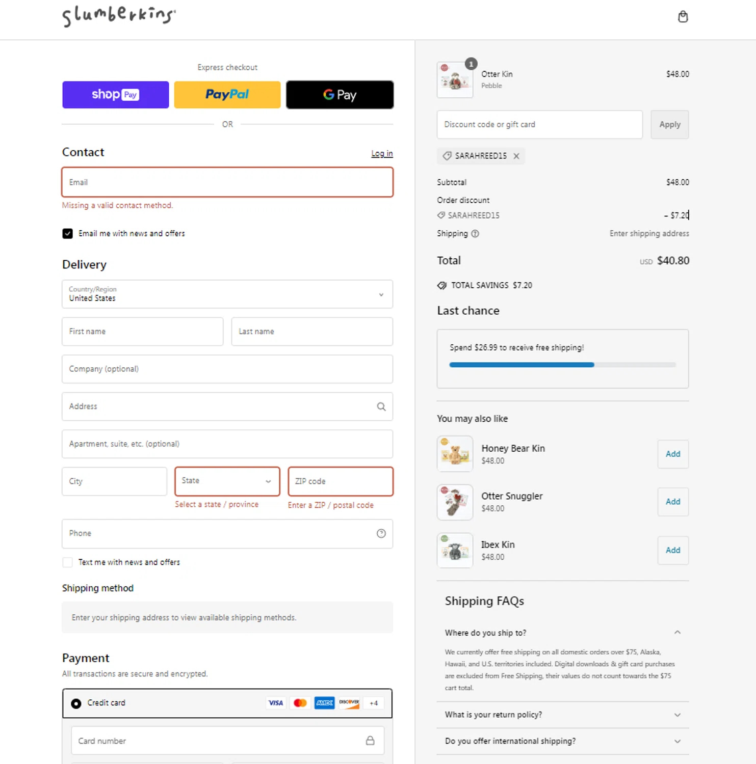 where to use Slumberkins promo code box