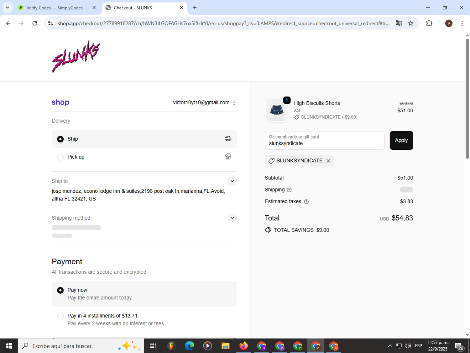 SLUNKS discount code screenshot showing code slunksyndicate applied at SLUNKS checkout page. Uploaded by SimplyCodes community member CashLion3448 on Sep 23, 2025