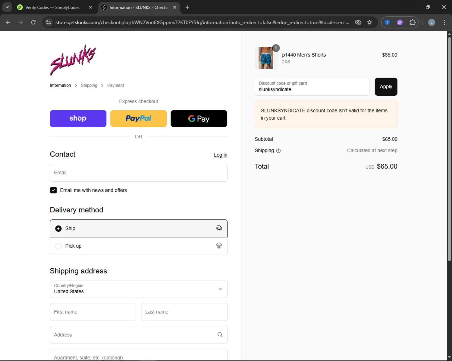 SLUNKS discount code screenshot showing code slunksyndicate applied at SLUNKS checkout page. Uploaded by SimplyCodes community member CashTracker4266 on Sep 2, 2025