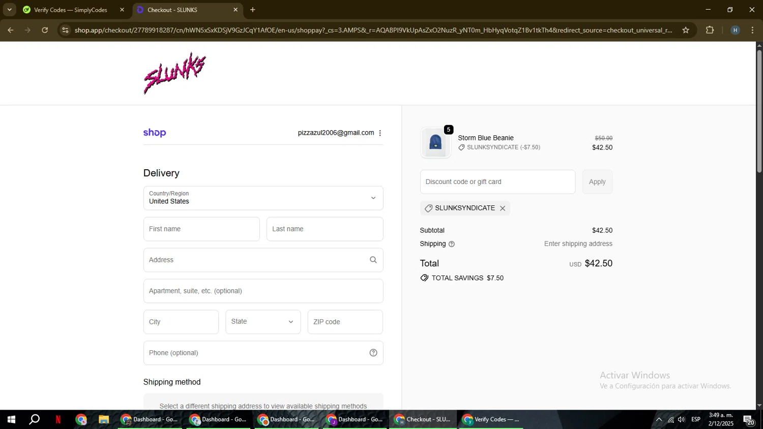 SLUNKS discount code screenshot showing code slunksyndicate applied at SLUNKS checkout page. Uploaded by SimplyCodes community member YAMAHA on Dec 2, 2025