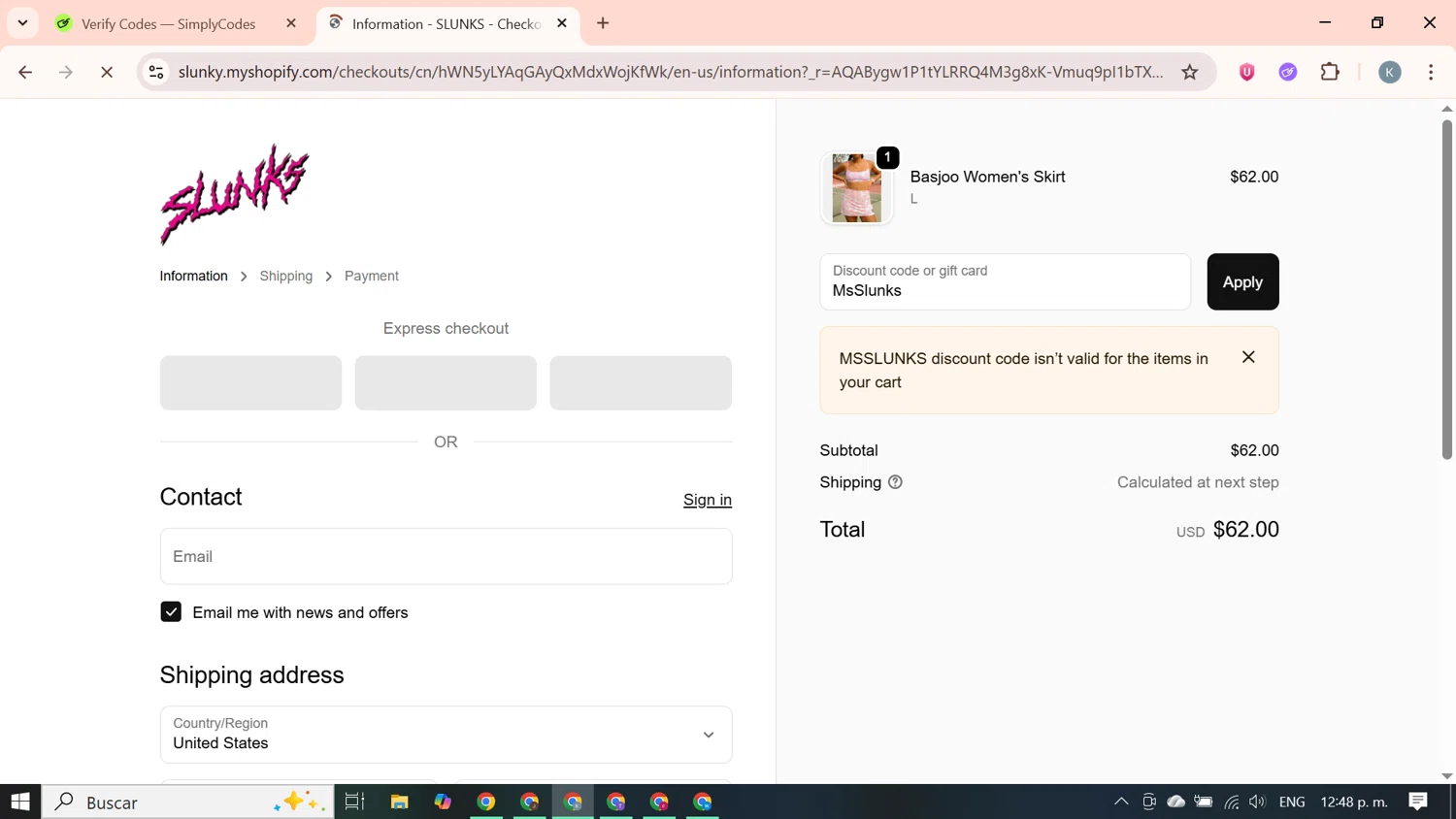 SLUNKS discount code screenshot showing code MsSlunks applied at SLUNKS checkout page. Uploaded by SimplyCodes community member SavingsBoss9912 on Dec 2, 2025