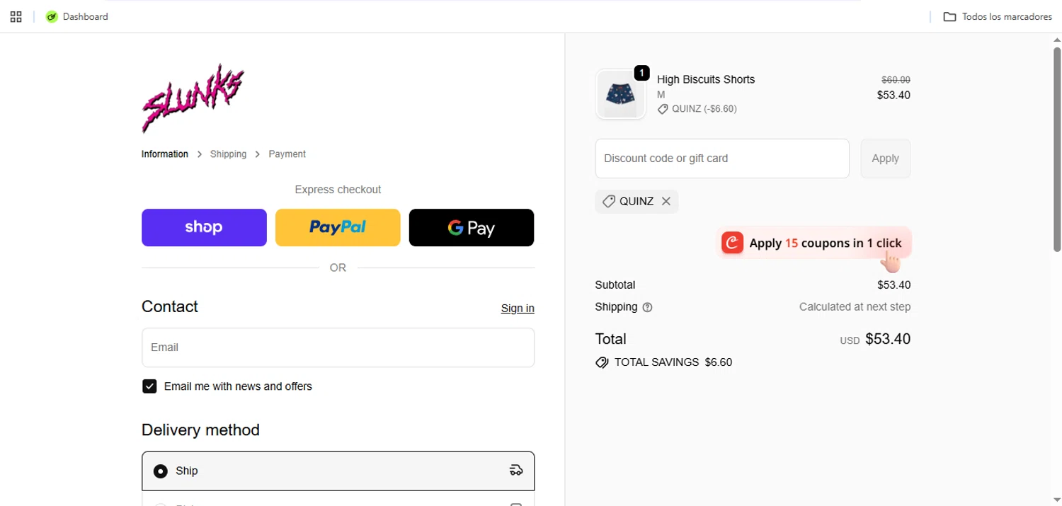 SLUNKS discount code screenshot showing code QUINZ applied at SLUNKS checkout page. Uploaded by SimplyCodes community member Speedy on Nov 18, 2025