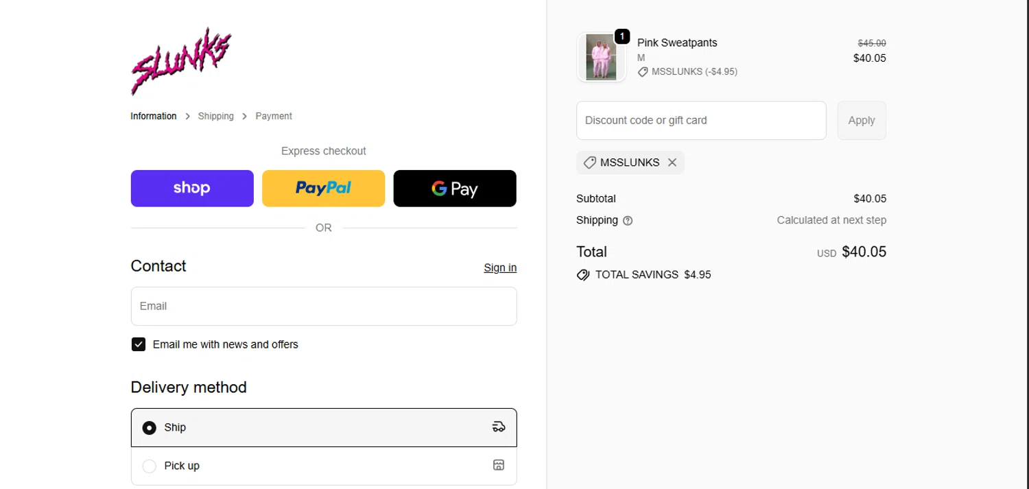 SLUNKS discount code screenshot showing code MsSlunks applied at SLUNKS checkout page. Uploaded by SimplyCodes community member juanisaac on Nov 18, 2025