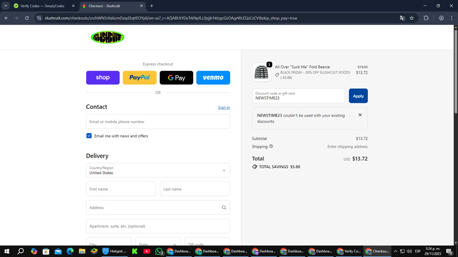 Slushcult discount code screenshot showing code NEWSTIME23 applied at Slushcult checkout page. Uploaded by SimplyCodes community member Cynoxx on Nov 29, 2025