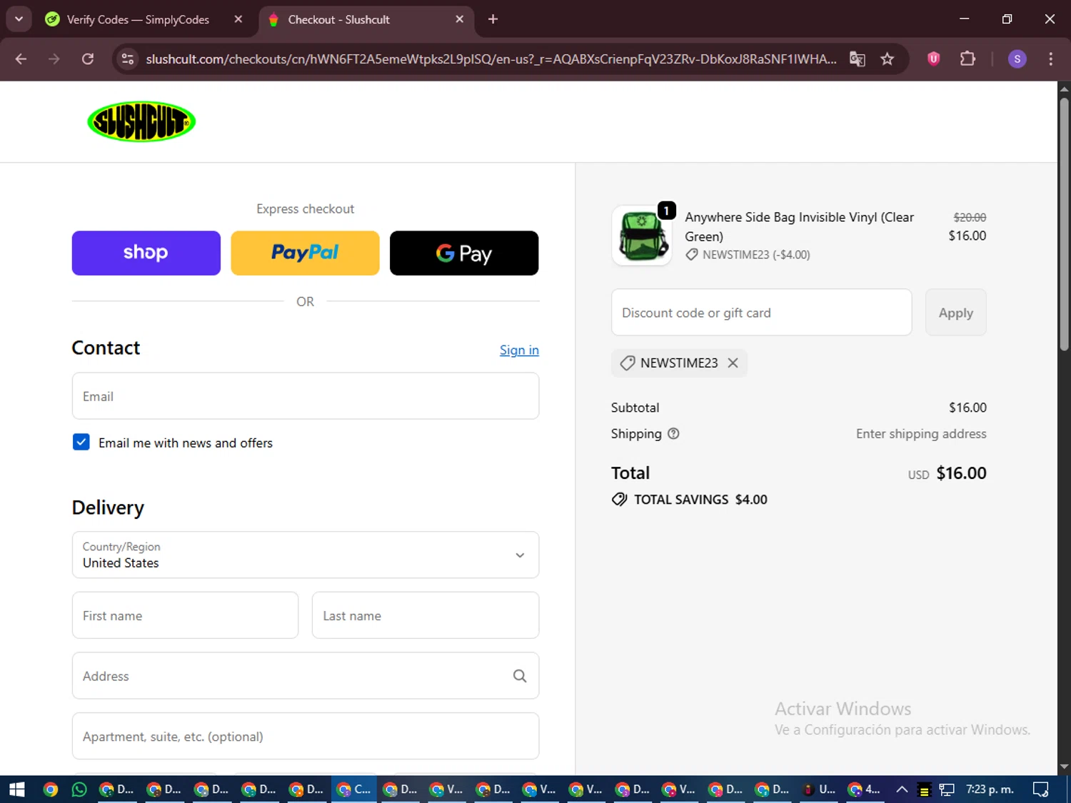 Slushcult discount code screenshot showing code NEWSTIME23 applied at Slushcult checkout page. Uploaded by SimplyCodes community member LuckyVoyager688 on Dec 9, 2025