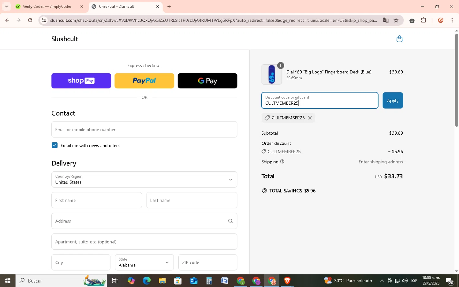 Slushcult discount code screenshot showing code CULTMEMBER25 applied at Slushcult checkout page. Uploaded by SimplyCodes community member EpicSage3474 on May 23, 2025