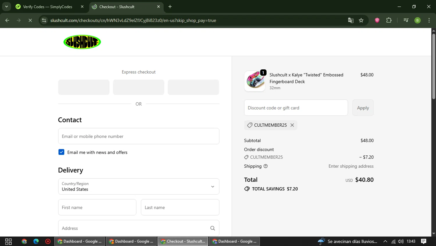 Slushcult discount code screenshot showing code CULTMEMBER25 applied at Slushcult checkout page. Uploaded by SimplyCodes community member RoyalAdmiral5066 on Oct 9, 2025