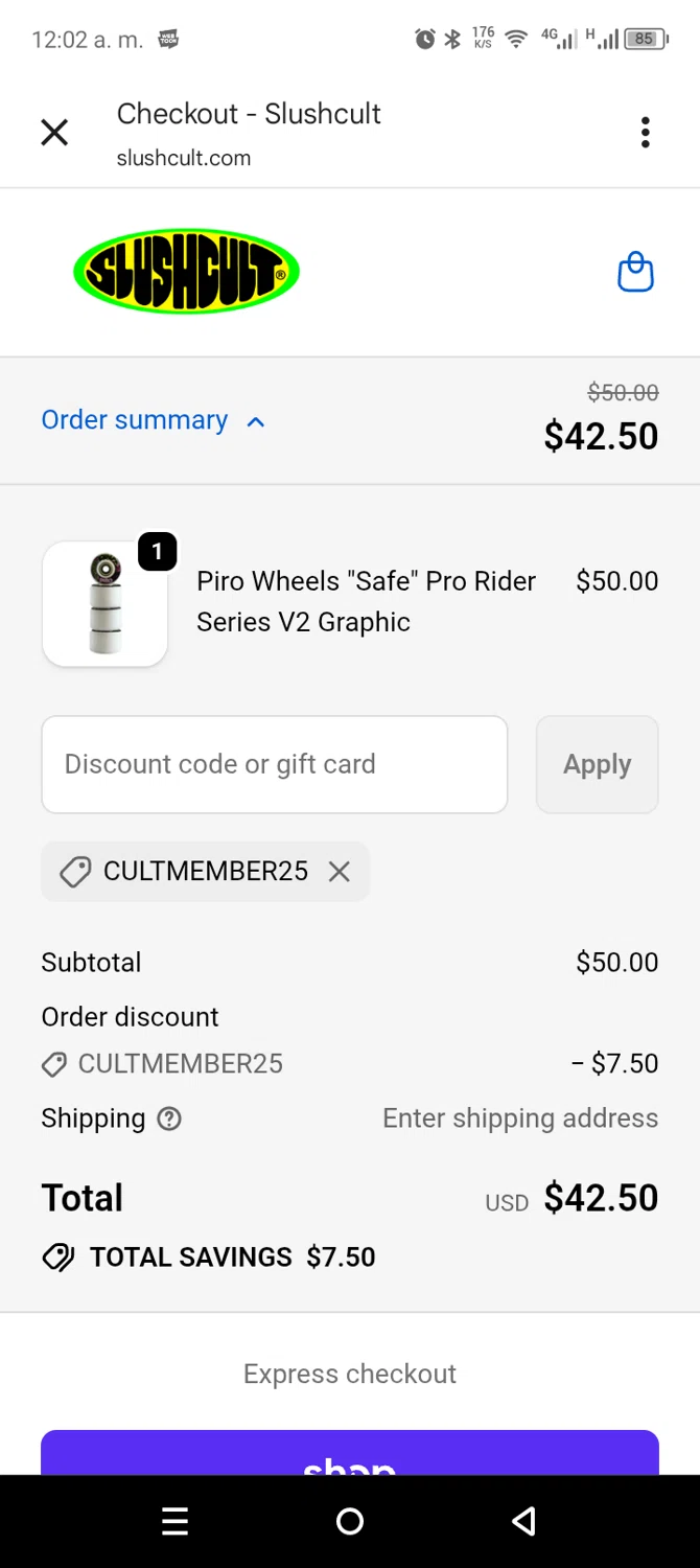 Slushcult discount code screenshot showing code CULTMEMBER25 applied at Slushcult checkout page. Uploaded by SimplyCodes community member leiraM on Nov 23, 2025