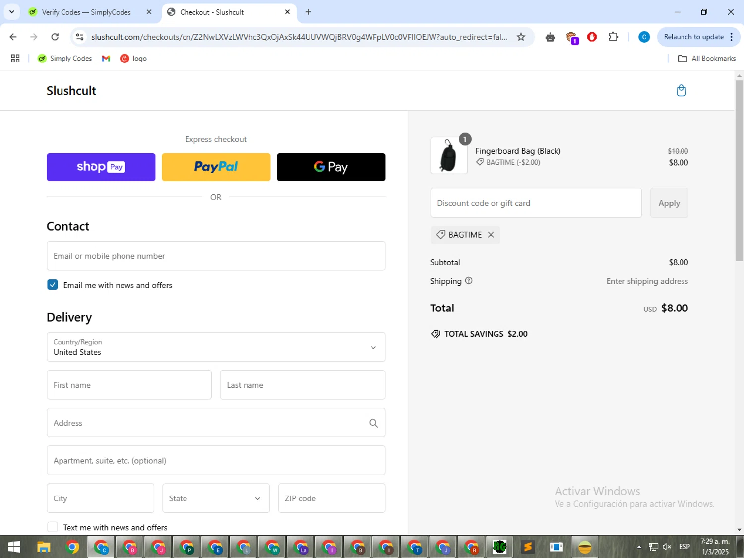 Slushcult discount code screenshot showing code BAGTIME applied at Slushcult checkout page. Uploaded by SimplyCodes community member ShrewdWhiz2806 on Mar 1, 2025
