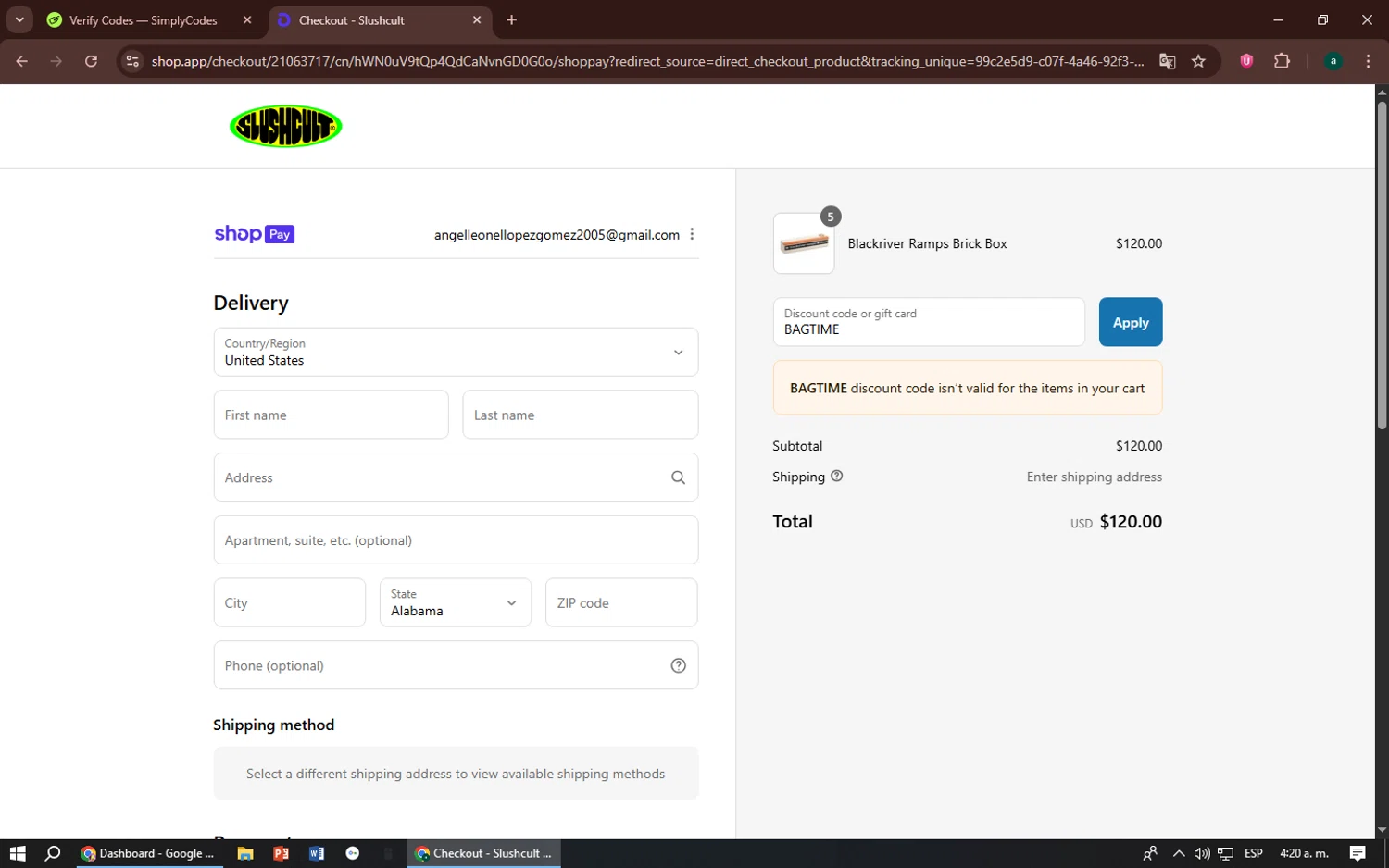 Slushcult discount code screenshot showing code BAGTIME applied at Slushcult checkout page. Uploaded by SimplyCodes community member zizu55 on Jul 22, 2025