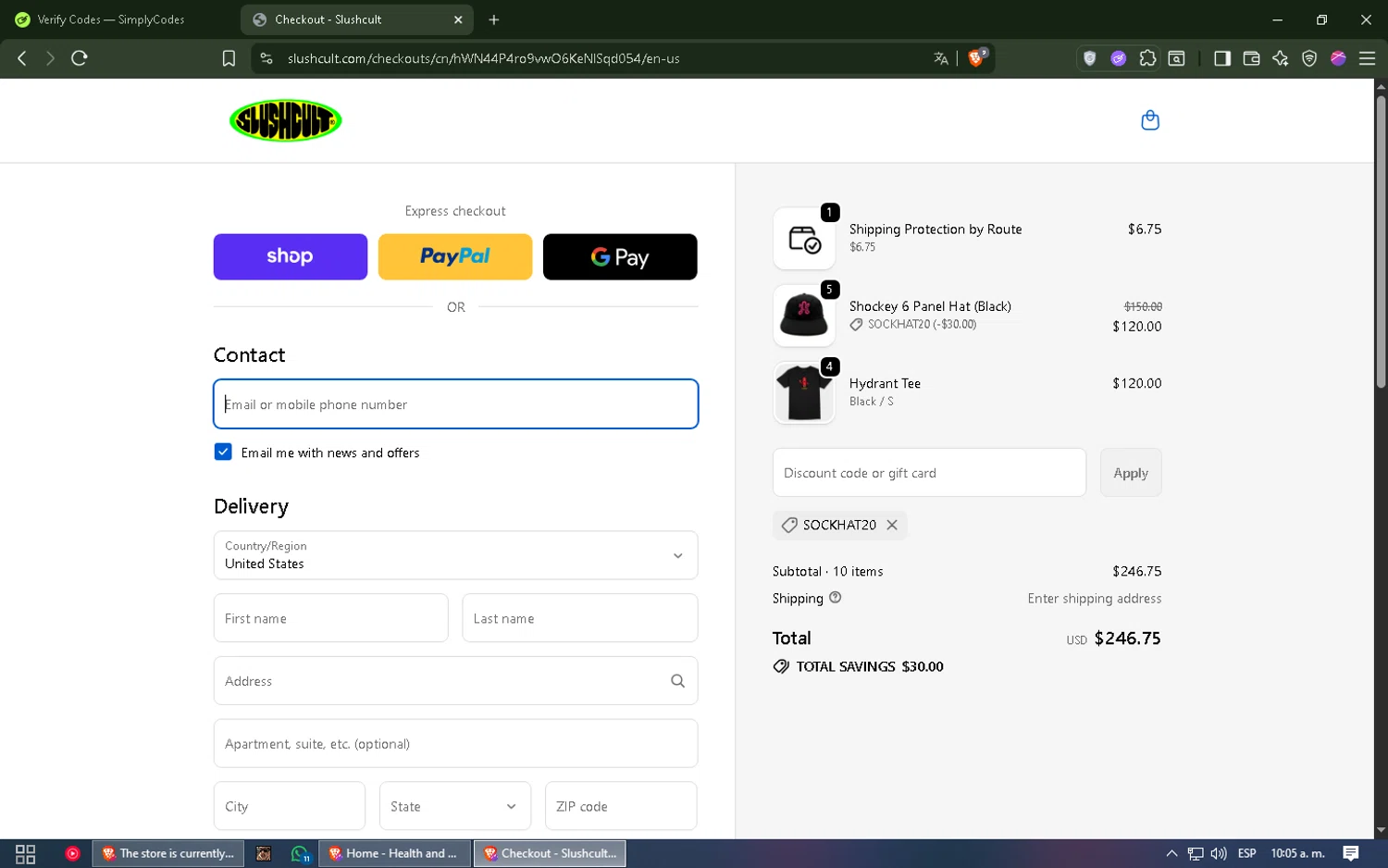 Slushcult discount code screenshot showing code SOCKHAT20 applied at Slushcult checkout page. Uploaded by SimplyCodes community member Allen_Iverson on Oct 13, 2025