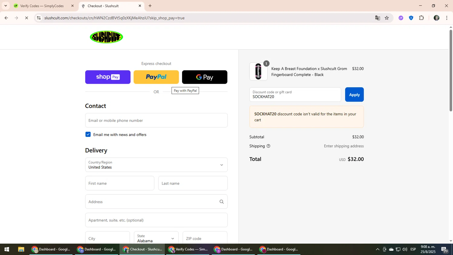 Slushcult discount code screenshot showing code SOCKHAT20 applied at Slushcult checkout page. Uploaded by SimplyCodes community member CleverLynx6871 on Aug 25, 2025