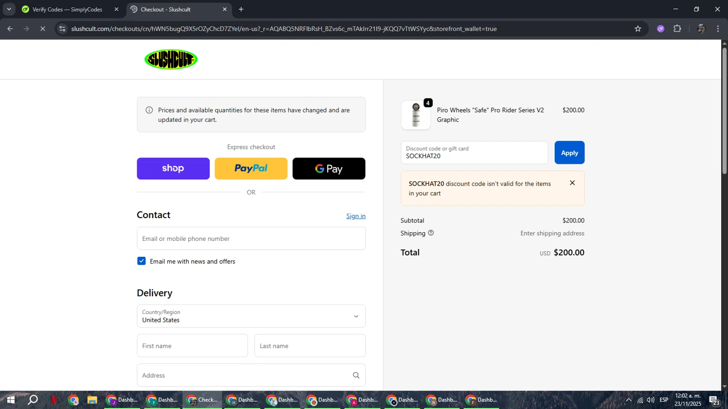 Slushcult discount code screenshot showing code SOCKHAT20 applied at Slushcult checkout page. Uploaded by SimplyCodes community member xxdddd on Nov 23, 2025