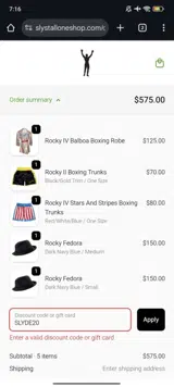 Sly Stallone Shop coupon verification screenshot