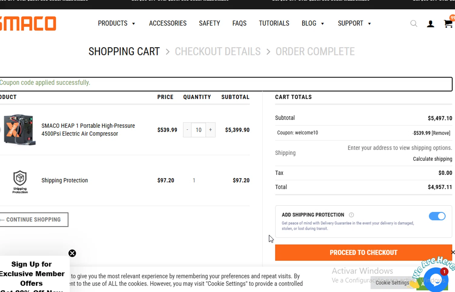 Smaco promo code screenshot showing code WELCOME10 applied at Smaco checkout page. Uploaded by SimplyCodes community member VictoriousElite9587 on Oct 16, 2025