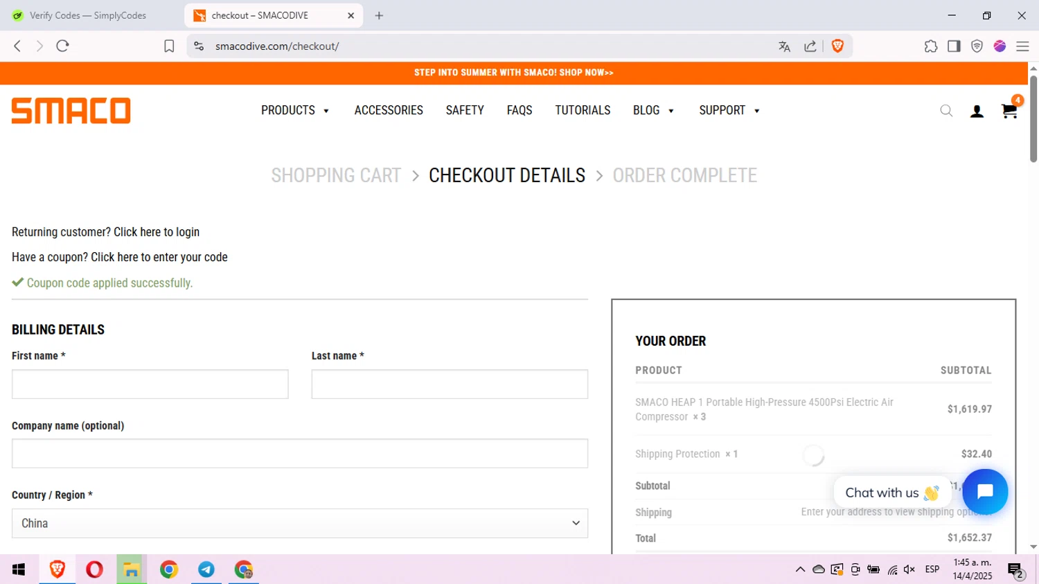 Smaco promo code screenshot showing code WELCOME10 applied at Smaco checkout page. Uploaded by SimplyCodes community member peachee on Apr 14, 2025