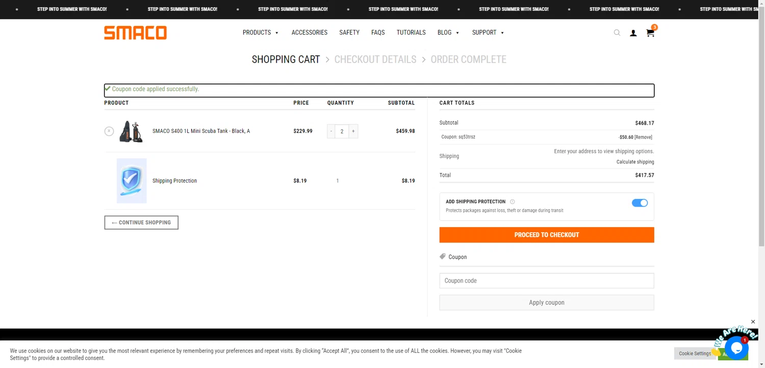 Smaco promo code screenshot showing code SQ53TRSZ applied at Smaco checkout page. Uploaded by SimplyCodes community member DiscountWarden480 on Jul 16, 2025