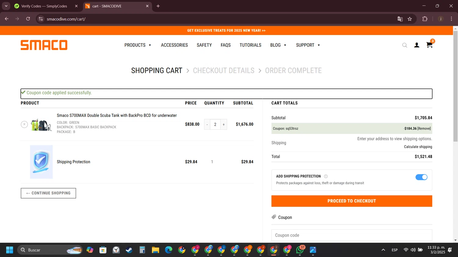 Smaco promo code screenshot showing code SQ53TRSZ applied at Smaco checkout page. Uploaded by SimplyCodes community member VictoriousVirtuoso7711 on Feb 4, 2025