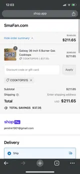COOKTOPS15 coupon verification screenshot