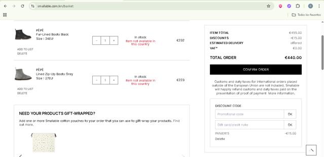 Smallable checkout page showing Smallable promo code box | Screenshot taken by SimplyCodes community member on Jun 26, 2025