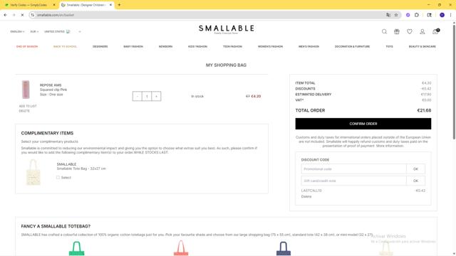 Smallable checkout page showing Smallable promo code box | Screenshot taken by SimplyCodes community member on Sep 9, 2025