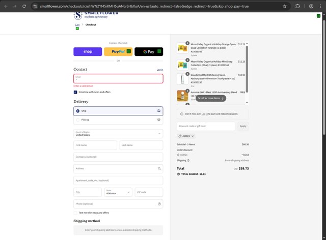 Smallflower checkout page showing Smallflower discount code box | Screenshot taken by SimplyCodes community member on Sep 3, 2025