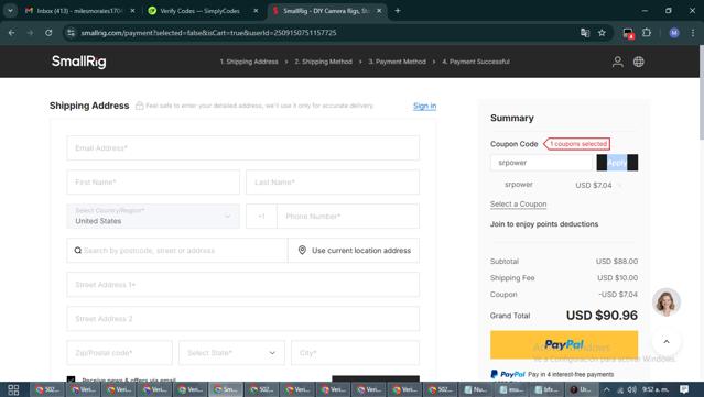SmallRig checkout page showing SmallRig coupon code box | Screenshot taken by SimplyCodes community member on Sep 15, 2025