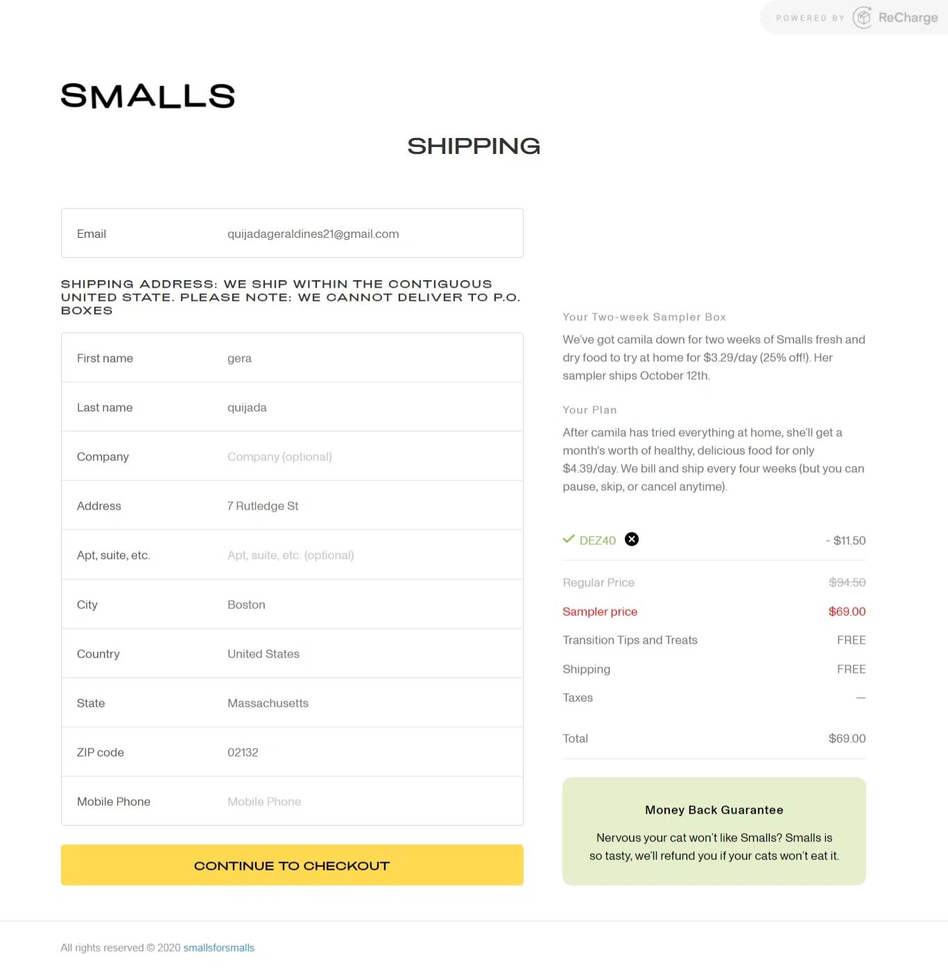 SMALLS checkout page showing SMALLS promo code box | Screenshot taken by SimplyCodes community member on Oct 8, 2020