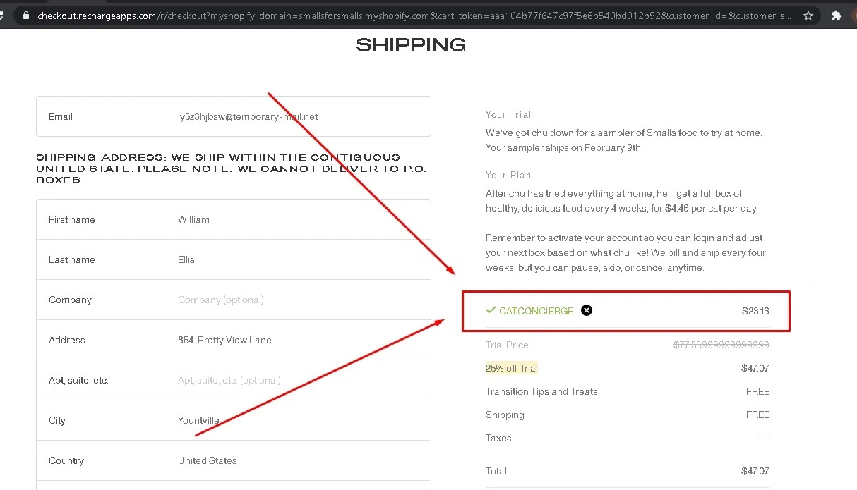 SMALLS checkout page showing SMALLS promo code box | Screenshot taken by SimplyCodes community member on Feb 1, 2021