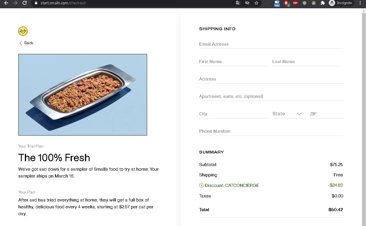 SMALLS checkout page showing SMALLS promo code box | Screenshot taken by SimplyCodes community member on Mar 12, 2021