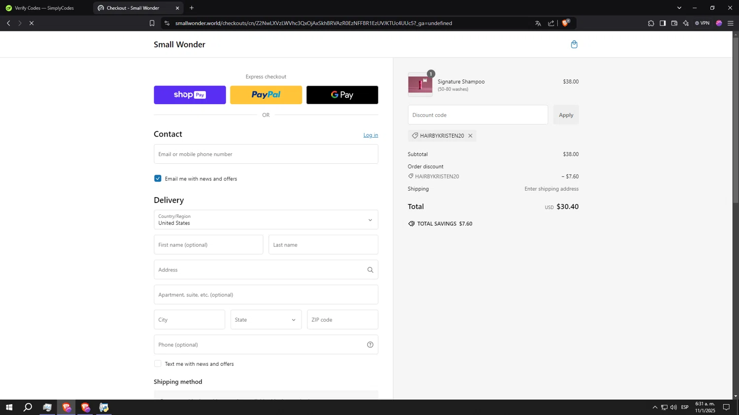 Small Wonder promo code screenshot showing code hairbykristen20 applied at Small Wonder checkout page. Uploaded by SimplyCodes community member aaaaaaaaaaaaaaaaaaaaa on Jan 11, 2025