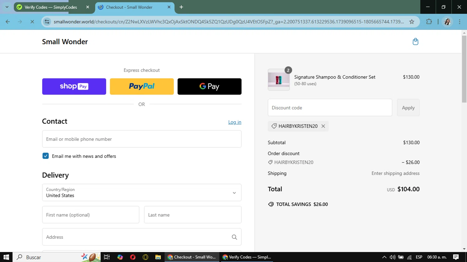 Small Wonder promo code screenshot showing code hairbykristen20 applied at Small Wonder checkout page. Uploaded by SimplyCodes community member Rowan18 on Feb 9, 2025