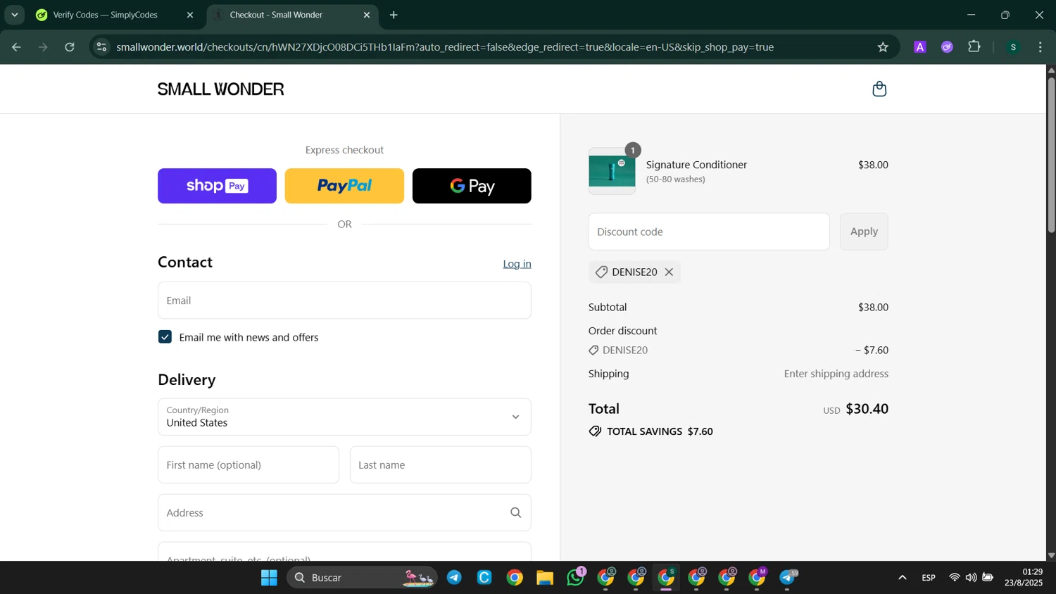Small Wonder promo code screenshot showing code DENISE20 applied at Small Wonder checkout page. Uploaded by SimplyCodes community member SaleHunter9008 on Aug 23, 2025