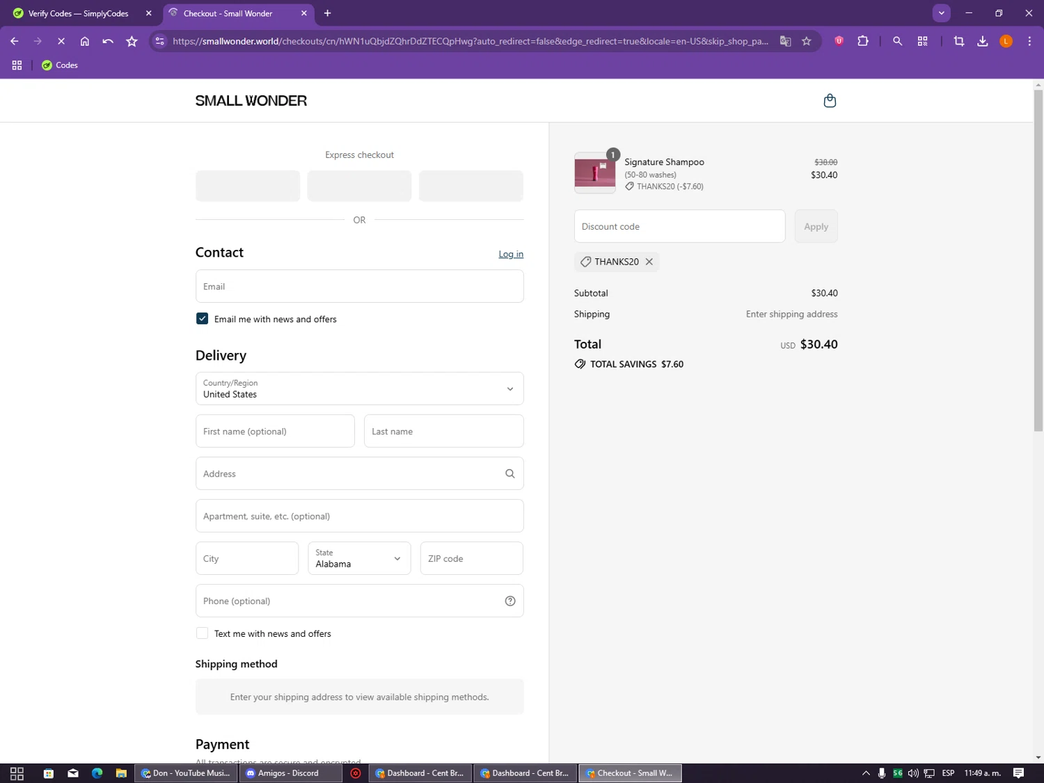 Small Wonder promo code screenshot showing code THANKS20 applied at Small Wonder checkout page. Uploaded by SimplyCodes community member CleverCollector2986 on Aug 17, 2025