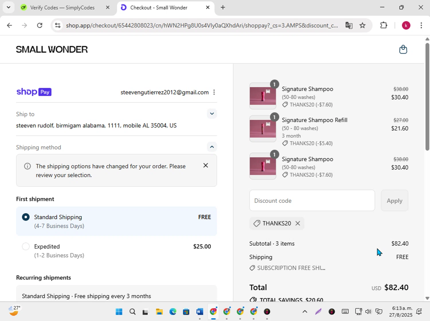 Small Wonder promo code screenshot showing code THANKS20 applied at Small Wonder checkout page. Uploaded by SimplyCodes community member karoline on Aug 27, 2025