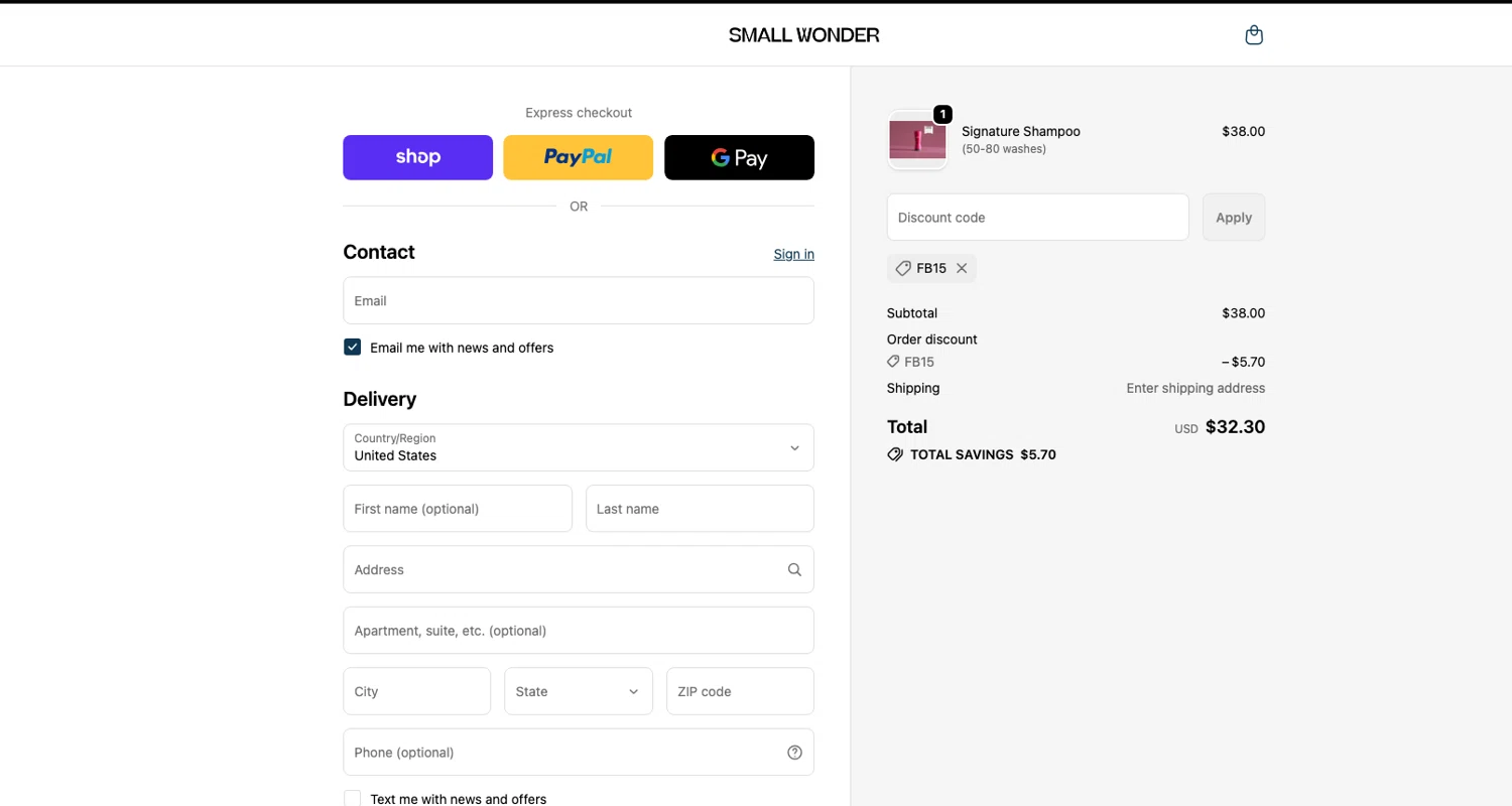 Small Wonder promo code screenshot showing code FB15 applied at Small Wonder checkout page. Uploaded by SimplyCodes community member ELOIN777 on Oct 20, 2025